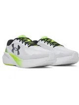 Championes de running Under Armour modelo Velociti Pace, color blanco con detalles en verde neón y negro. Presentan parte superior de malla transpirable, amortiguación reactiva HOVR y suela de goma completa para mayor tracción.
