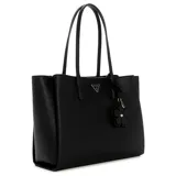 Cartera tipo tote bag Guess modelo Lucci, de color negro con acabado texturizado símil cuero. Cuenta con doble asa superior, herrajes dorados, placa metálica triangular con el logo de la marca y un charm colgante en forma de flor.