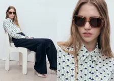 Camisa de manga larga con estampado geométrico, cuello camisero y cierre delantero de botones ocultos con tapeta.