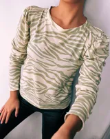 Remera de manga larga con cuello redondo y estampado de cebra en colores verde, rojo, azul y marrón.