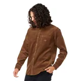 Camisa marrón de pana con corte clásico, manga larga, cuello camisero y bolsillo en el pecho con logo bordado.