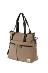 Bolso negro tipo tote de poliamida con doble asa de hombro, bolsillos frontales con cierre y tiradores circulares.