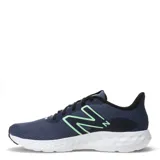 Championes de running New Balance modelo 411 V3, color azul con detalles en verde claro. Presentan una capellada de malla transpirable, entresuela de EVA acolchada para mayor amortiguación y suela de goma resistente para una tracción óptima.
