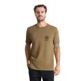 Remera de manga corta color beige con cuello redondo. Presenta un pequeño estampado en el pecho izquierdo que representa una palmera con el nombre de la marca Roark debajo.