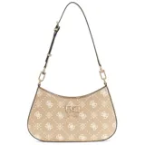 Cartera tipo baguette de la marca Guess, con diseño estructurado y cierre superior. Presenta un estampado monograma en tonos beige y marrón, con herrajes metálicos dorados y un logo frontal distintivo. Incluye una correa ajustable para llevar al hombro.