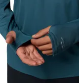 Buzo Columbia Stealth Spring LS color azul con capucha, de manga larga con orificios para los pulgares, confeccionado con tecnologías Omni-Shade y Omni-Wick para protección solar y absorción de humedad.