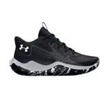 Championes de básquetbol Under Armour modelo Jet 23, color negro con entresuela gris y suela con diseño estampado en blanco y negro.