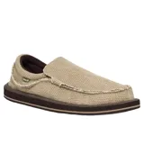 Zapatos tipo slip-on Sanuk modelo Chiba, color beige, confeccionados en lona con detalles deshilachados y costuras visibles en la puntera. Presentan suela de goma oscura y diseño de estilo relajado.