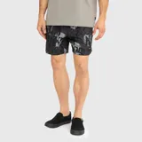 Short de baño con estampado abstracto en tonos grises y negros, con ajuste elástico en la cintura y corte corto.