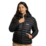 Campera puffer Diadora de color negro, con diseño acolchado, cierre frontal completo, capucha integrada y bolsillos laterales. Presenta el logo de la marca bordado en el pecho.