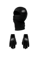 Conjunto de pasamontañas y guantes negros, ambos con estampado gráfico circular blanco que incluye el número 27 sobre un diseño de globo terráqueo.