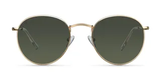 Lentes de sol redondos con armazón de acero inoxidable color dorado y lentes polarizados verdes.