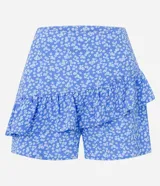 Short pollera de viscosa con estampado floral liberty, corte mini y volado delantero.
