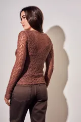 Remera de encaje negro ajustada al cuerpo, de manga larga y diseño transparente.