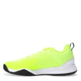Championes de tenis Adidas Courtflash Speed, color verde lima con las tres tiras características en negro. Presentan una estructura de malla transpirable, entresuela blanca amortiguada y suela de goma negra con patrón de tracción.