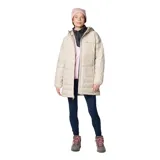 Campera acolchada de largo medio Columbia, color beige, con capucha integrada, cierre frontal completo, bolsillos laterales con cremallera y puños elásticos.