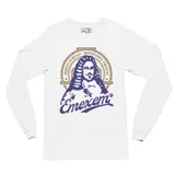 Remera de manga larga color blanco con estampa frontal en tonos azul y dorado que presenta un diseño gráfico inspirado en Bruno Mauricio de Zabala y el logo de la marca Emexem.
