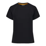 Remera deportiva de manga corta y cuello redondo, color negro, diseñada con costuras raglán y un corte cómodo y transpirable para actividad física.