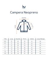 Campera azul marino de neopreno con capucha desmontable, bolsillo interno, puño ajustable y lateral elastizado.