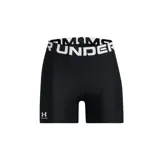 Short calza Under Armour de color negro con cintura elástica ancha en contraste blanco con el nombre de la marca. Presenta el logo de Under Armour estampado en blanco en el lateral inferior derecho.