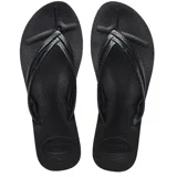 Sandalias tipo ojota Havaianas con plataforma, color negro, con tiras finas texturizadas y suela de goma antideslizante.