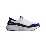 Championes deportivos Skechers Slip-ins, modelo Contour Foam Cozy Fit. Presentan un diseño acolchado en color blanco con detalles en azul marino, suela con amortiguación Contour Foam y tecnología Air-Cooled Memory Foam en la plantilla.