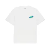 Camiseta blanca de algodón Lacoste con cuello redondo y logo "Golf Lacoste" estampado en el pecho en color verde y azul.