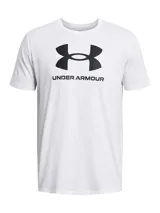 Remera deportiva Under Armour de manga corta color blanco, con cuello redondo y el logotipo de la marca impreso en el pecho en color negro.