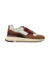 Sneakers Zaffo de diseño deportivo, confeccionados con una combinación de cueros en tonos marrón, bordó, beige y detalles plateados. Cuenta con suela dentada y cordones bordó.