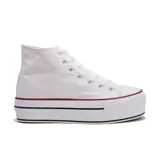 Zapatillas deportivas de caña alta, color negro con suela de plataforma doble blanca con línea roja.