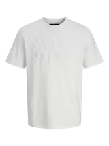 Camiseta blanca de manga corta y cuello redondo con logo Jack & Jones en relieve en el pecho.