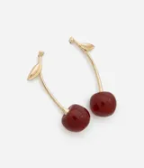 Par de caravanas colgantes con forma de cerezas rojas y tallo dorado con hoja.