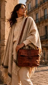 Bolso tipo bandolera de cuero color marrón, con diseño de solapa plegable y detalle de tira central en cuero más oscuro con logo grabado. Presenta una correa larga ajustable y una silueta amplia y versátil.