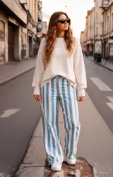 Pantalón tipo jean wide leg con estampado de rayas verticales en color azul y blanco, con cintura elástica y cordón de ajuste.