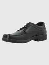 Zapato de vestir para hombre con tecnología waterproof, confeccionado en cuero negro con cierre de cordones y suela de poliuretano.