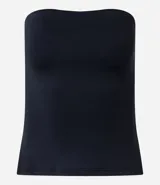 Blusa blanca sin breteles, confeccionada en microfibra, con detalle de encaje en el lateral y corte ajustado.