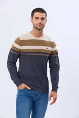 Remera de manga larga con cuello redondo, diseño a rayas horizontales en beige, marrón y azul marino, con finas líneas decorativas en rojo, azul y verde. Incluye un pequeño logo bordado en el pecho.