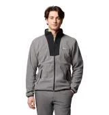 Campera polar Columbia modelo Sequoia Grove, color gris con detalles en negro en el cuello y la parte superior frontal. Cuenta con cierre frontal completo, bolsillos laterales con cierre y logo de la marca bordado en el pecho.