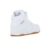 Championes de corte alto Pony modelo M100 II, color blanco con suela de goma color caramelo. Presenta detalles perforados en los laterales, cierre con cordones y logo de la marca en el lateral y la lengüeta.