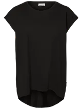 Remera básica negra de algodón orgánico, con cuello redondo y mangas cortas de corte holgado.