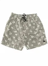 Short de baño gris con estampado de hojas de palmera blancas, cintura elástica con cordón ajustable, dos bolsillos laterales y un bolsillo trasero.