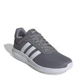 Championes Adidas modelo Lite Racer 4.0, color gris con tres franjas laterales blancas y entresuela Cloudfoam blanca. Presentan un diseño liviano con parte superior de malla textil y cordones grises.