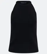 Blusa de punto sin mangas, de color negro, con cuello halter y detalle de ribete central vertical.