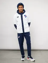 Campera de polar blanca con capucha y detalles en azul marino, con cierre frontal completo. Presenta el logo de Umbro y el escudo del Club Nacional de Football en el pecho.