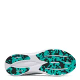 Championes de running Under Armour modelo Assert 11, color blanco con detalles en verde turquesa y negro. Presentan una suela con diseño moteado y el logo de la marca en el lateral.