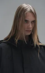 Campera técnica liviana de microfibra negra con acabado mate, capucha ajustable, cierre frontal oculto bajo solapa, bolsillos frontales con solapa y cordón ajustable en la cintura.