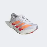 Championes de running Adidas Adizero Adios Pro 4, color blanco con detalles en naranja y rojo. Presentan tecnología Lightstrike Pro en la mediasuela para una amortiguación superior y suela de caucho Continental para un agarre óptimo.