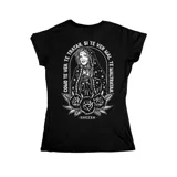 Remera negra de corte entallado y manga corta, con estampa en la espalda de estilo tradicional que presenta una ilustración con rosas y la frase "Como te ven, te tratan. Si te ven mal, te maltratan".