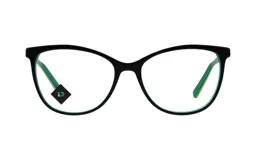 Armazón de anteojos con diseño estilo cat-eye, con frente en color negro y patillas en combinación de verde y amarillo. Fabricado en acetato.