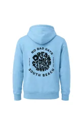 Campera con capucha y cierre frontal de cremallera, color beige, con bolsillos tipo canguro y estampa gráfica en el pecho con diseño de palmeras y texto "Southbeach".